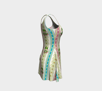 Green Frog Striped Short Flared Dress
