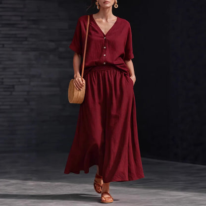 Women's Cotton-Linen V-Neck Button-Up Top & Long Skirt Set