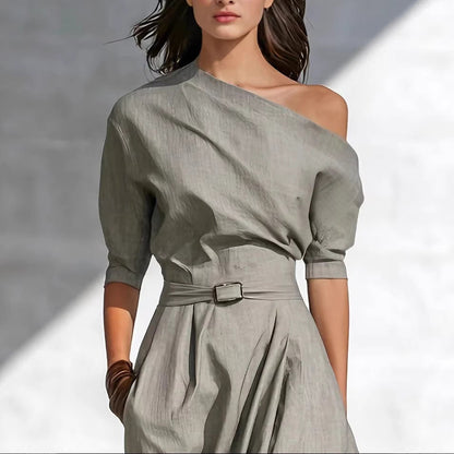 Women’s One-Shoulder Long Dress – Slanted Shoulder Waist-Defined Style