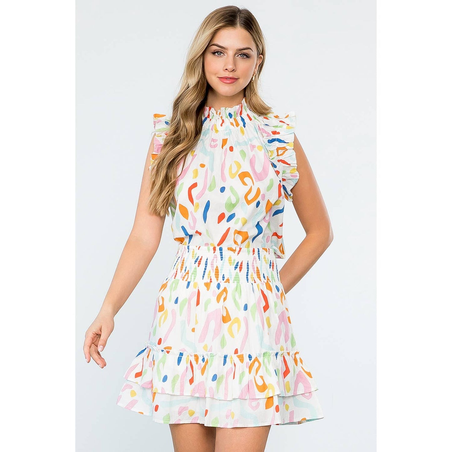 SAVANNAH- White Abstract Print Smocked Ruffle Skirt