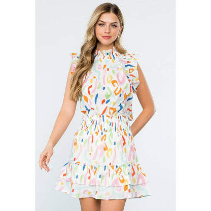 SAVANNAH- White Abstract Print Smocked Ruffle Skirt