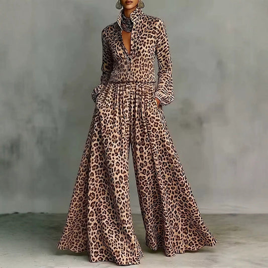 Leopard Print Wide-Leg Pants Set – Women’s Casual Two-Piece