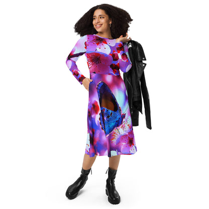 Beautiful Butterfly with Cherry Blossoms Printed Long Sleeve Midi Dress