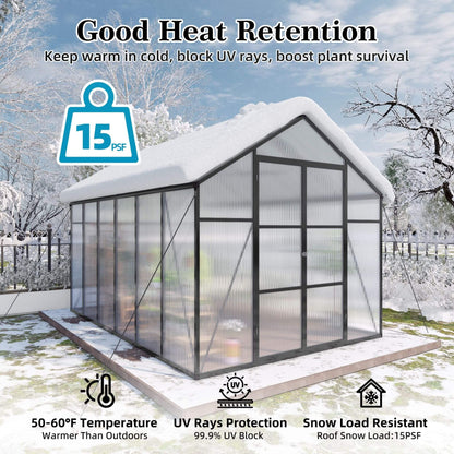 [08X12FT] All-Season Outdoor Backyard Polycarbonate Greenhouse With Raised Base And Aluminum Frame (SAK78614)