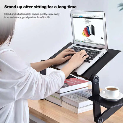 Aluminum Alloy Folding Laptop Desk — 360° Adjustable, Mouse Panel, Optional Cooling Fan, 42x26cm
