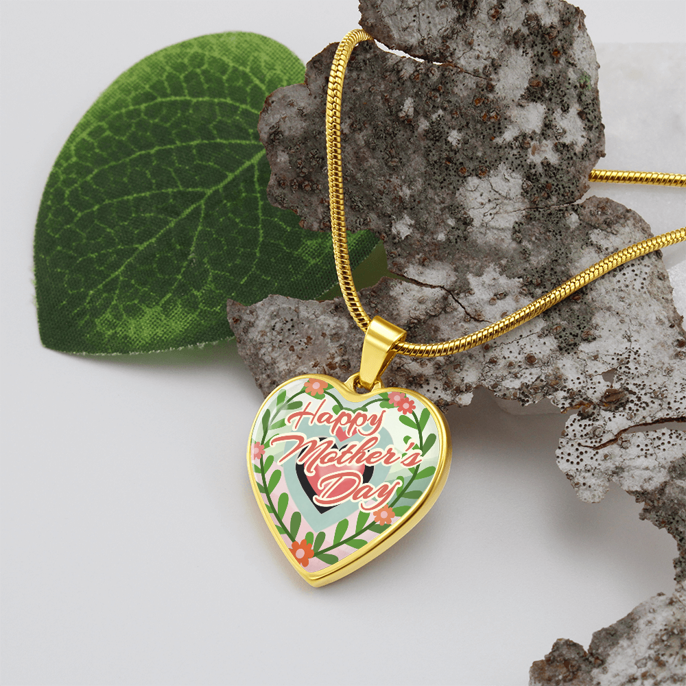 Happy Mother's Day Floral Heart Shaped Graphic Necklace