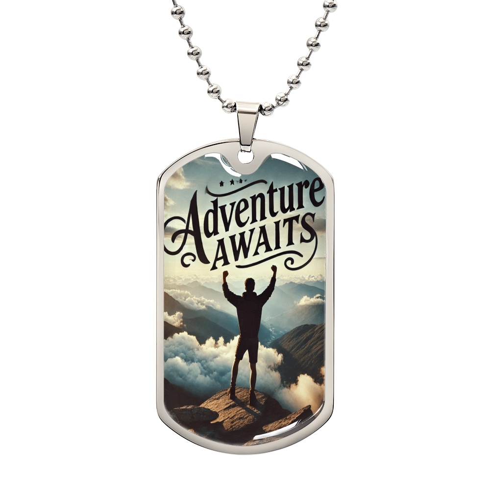 Adventure Awaits Motivational Graphic Dog Tags Necklace