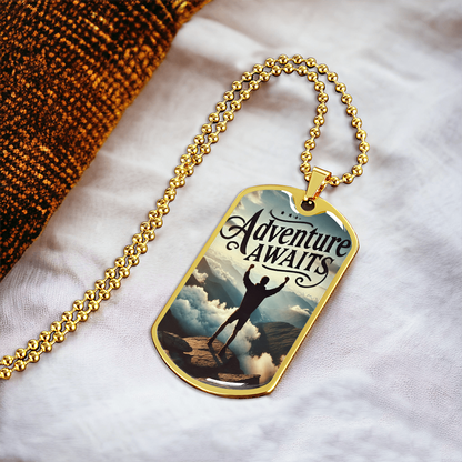 Adventure Awaits Motivational Graphic Dog Tags Necklace