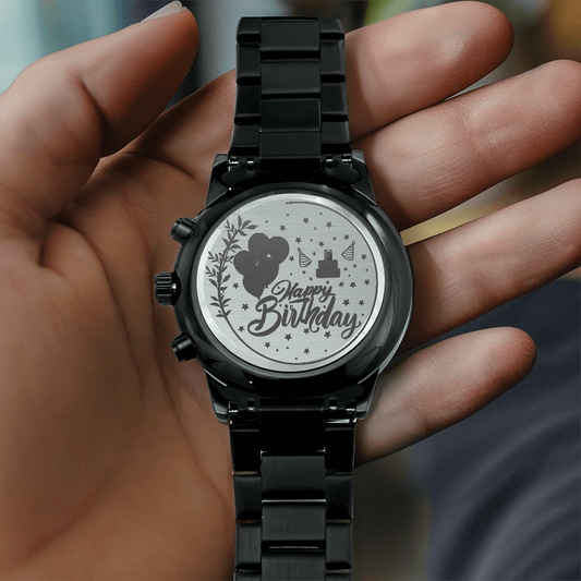 Happy Birthday Engraved Black Chronograph Watch