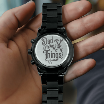 Dad Fixer of Things Engraved Design Black Chronograph Watch