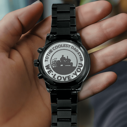 To the Coolest Dad Farmer Engraved Design Black Chronograph Watch