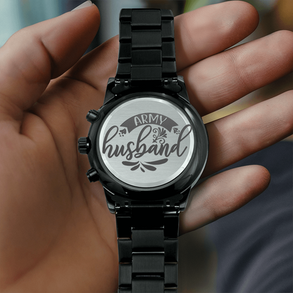 Army Husband Engraved Design Black Chronograph Watch