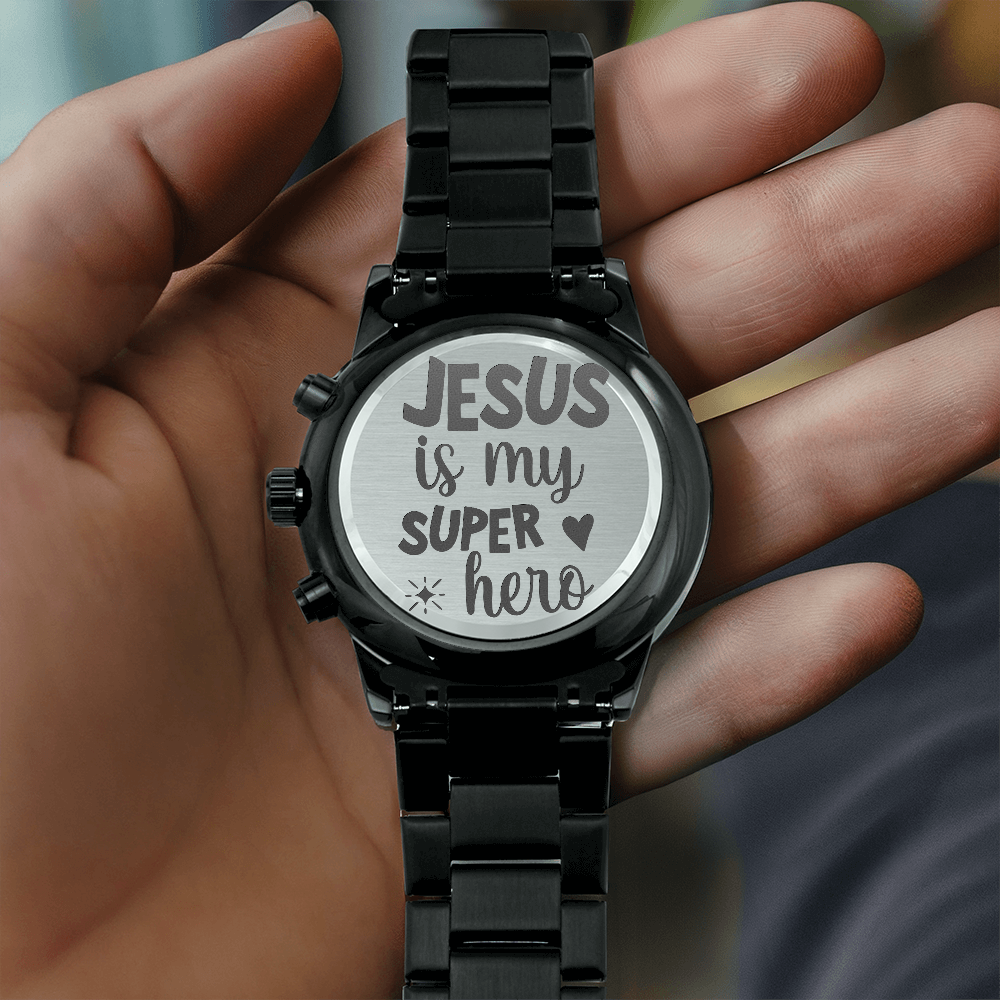 Jesus is My Super Hero Faith Based Engraved Black Chronograph Watch