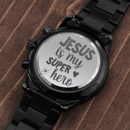 Jesus is My Super Hero Faith Based Engraved Black Chronograph Watch