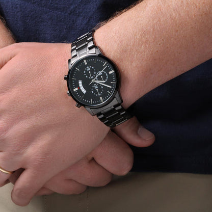 To the Coolest Dad Ever Firefighter Engraved Black Chronograph Watch