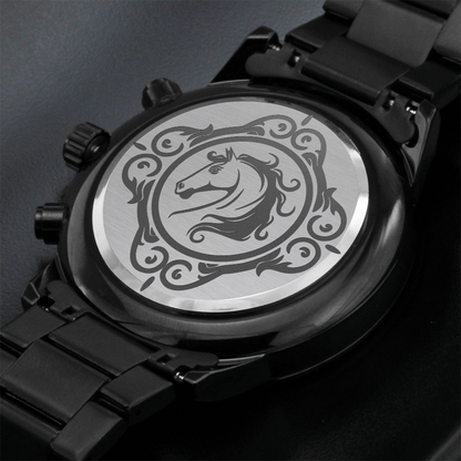 Horse in Ornate Frame Engraved Design Black Chronograph Watch