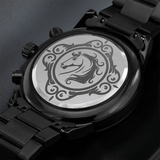 Horse in Ornate Frame Engraved Design Black Chronograph Watch