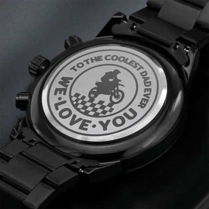 To the Coolest Dad Motocross Rider Engraved Black Chronograph Watch