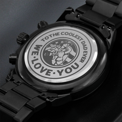 To the Coolest Dad Ever Firefighter Engraved Black Chronograph Watch