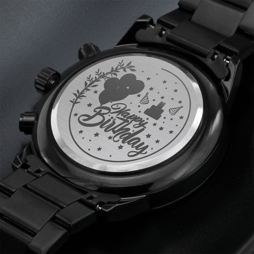 Happy Birthday Engraved Black Chronograph Watch