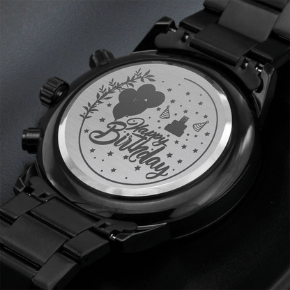 Happy Birthday Engraved Black Chronograph Watch