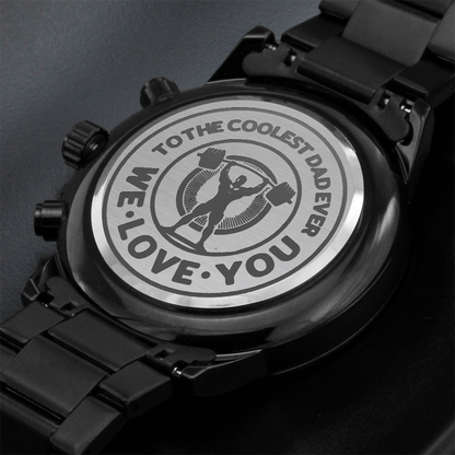 To the Coolest Dad Weightlifter Engraved Black Chronograph Watch