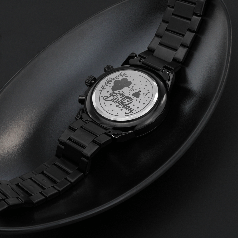 Happy Birthday Engraved Black Chronograph Watch