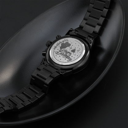 Happy Birthday Engraved Black Chronograph Watch