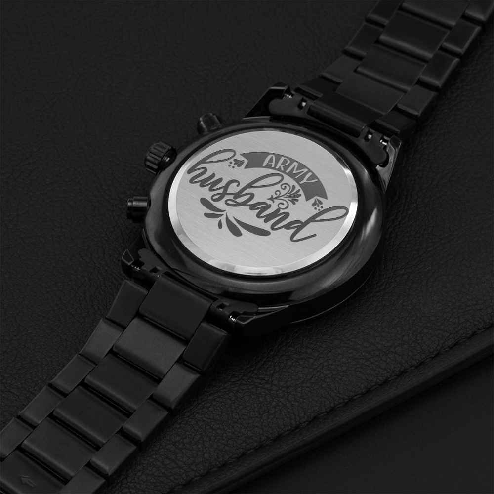 Army Husband Engraved Design Black Chronograph Watch