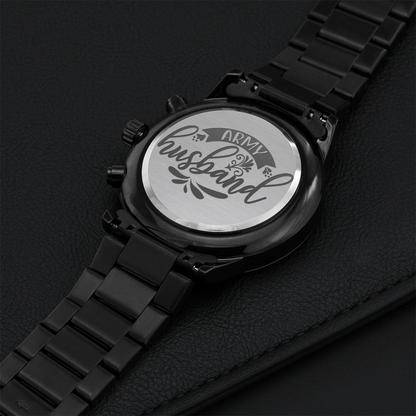 Army Husband Engraved Design Black Chronograph Watch