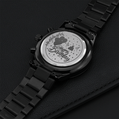 Happy Birthday Engraved Black Chronograph Watch