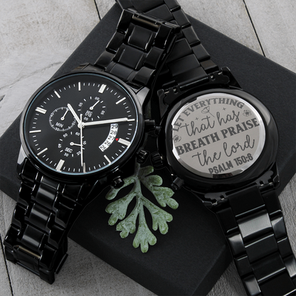 Let Everything that has Breath Praise the Lord Faith Based Engraved Black Chronograph Watch