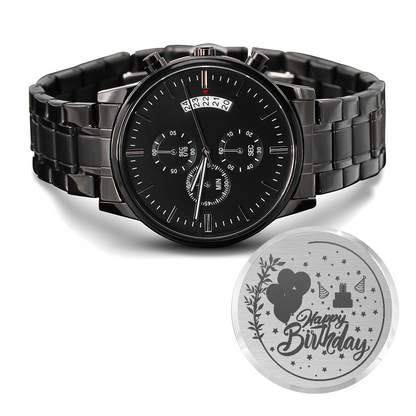 Happy Birthday Engraved Black Chronograph Watch
