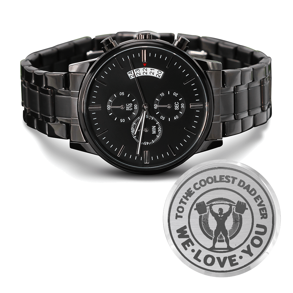 To the Coolest Dad Weightlifter Engraved Black Chronograph Watch