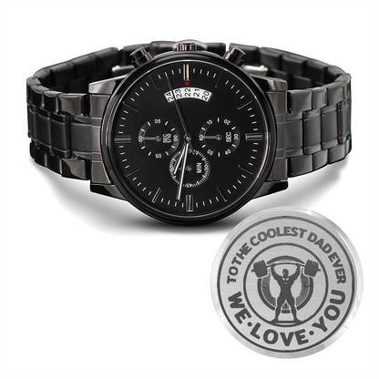 To the Coolest Dad Weightlifter Engraved Black Chronograph Watch