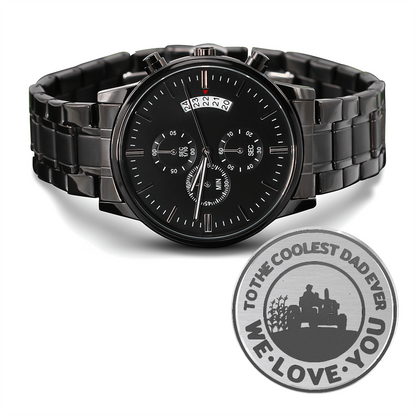 To the Coolest Dad Farmer Engraved Design Black Chronograph Watch