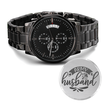 Army Husband Engraved Design Black Chronograph Watch