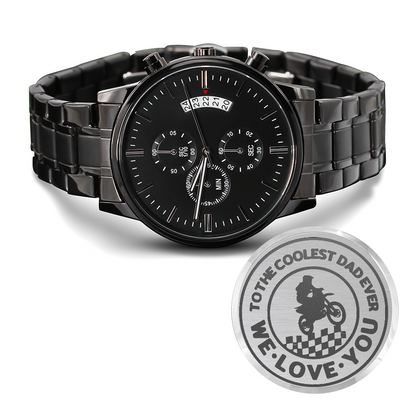 To the Coolest Dad Motocross Rider Engraved Black Chronograph Watch
