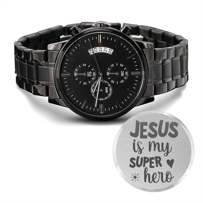 Jesus is My Super Hero Faith Based Engraved Black Chronograph Watch