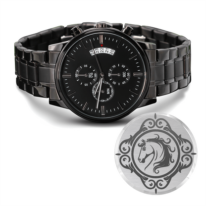Horse in Ornate Frame Engraved Design Black Chronograph Watch