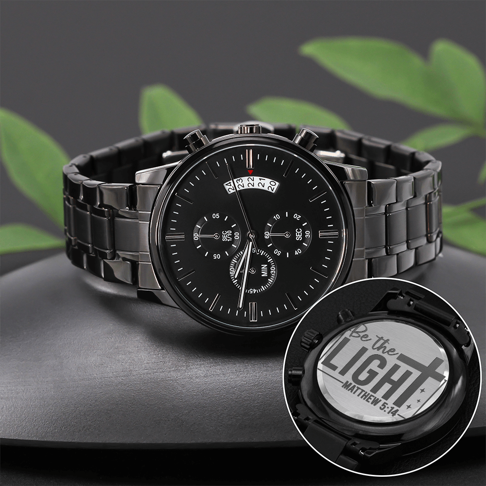 Be the Light Scripture Faith Based Engraved Black Chronograph Watch