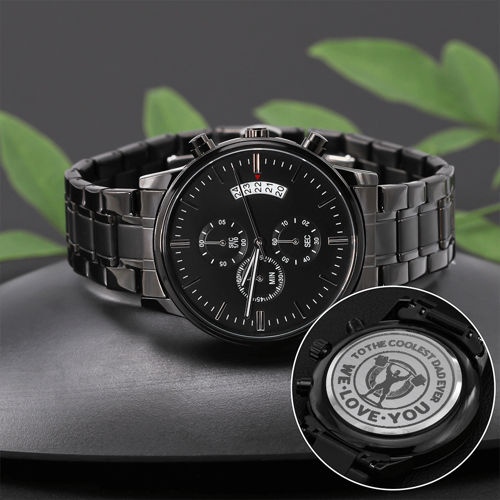 To the Coolest Dad Weightlifter Engraved Black Chronograph Watch