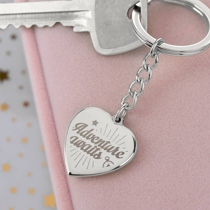 Adventure Awaits Engraved Heart Keychain