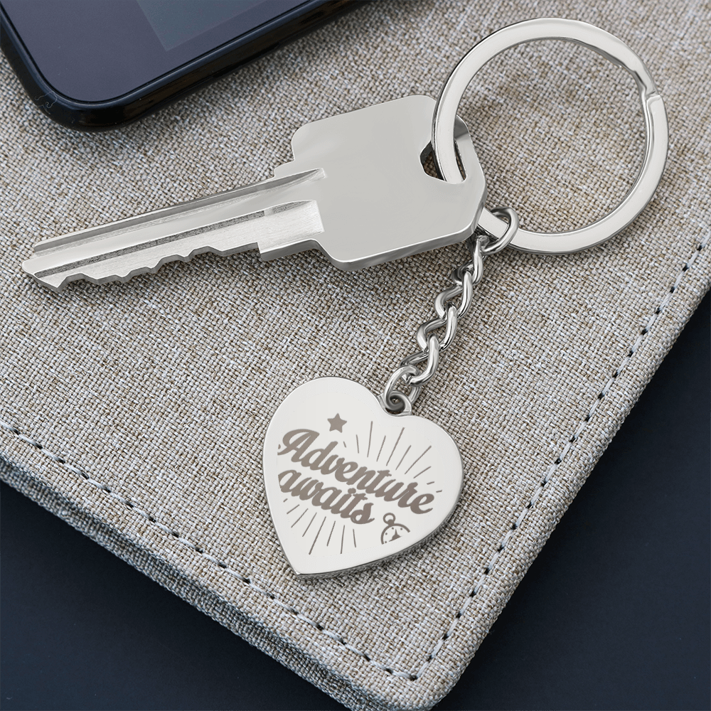Adventure Awaits Engraved Heart Keychain