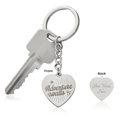 Adventure Awaits Engraved Heart Keychain