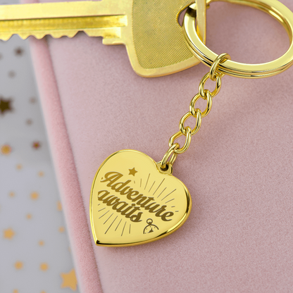 Adventure Awaits Engraved Heart Keychain