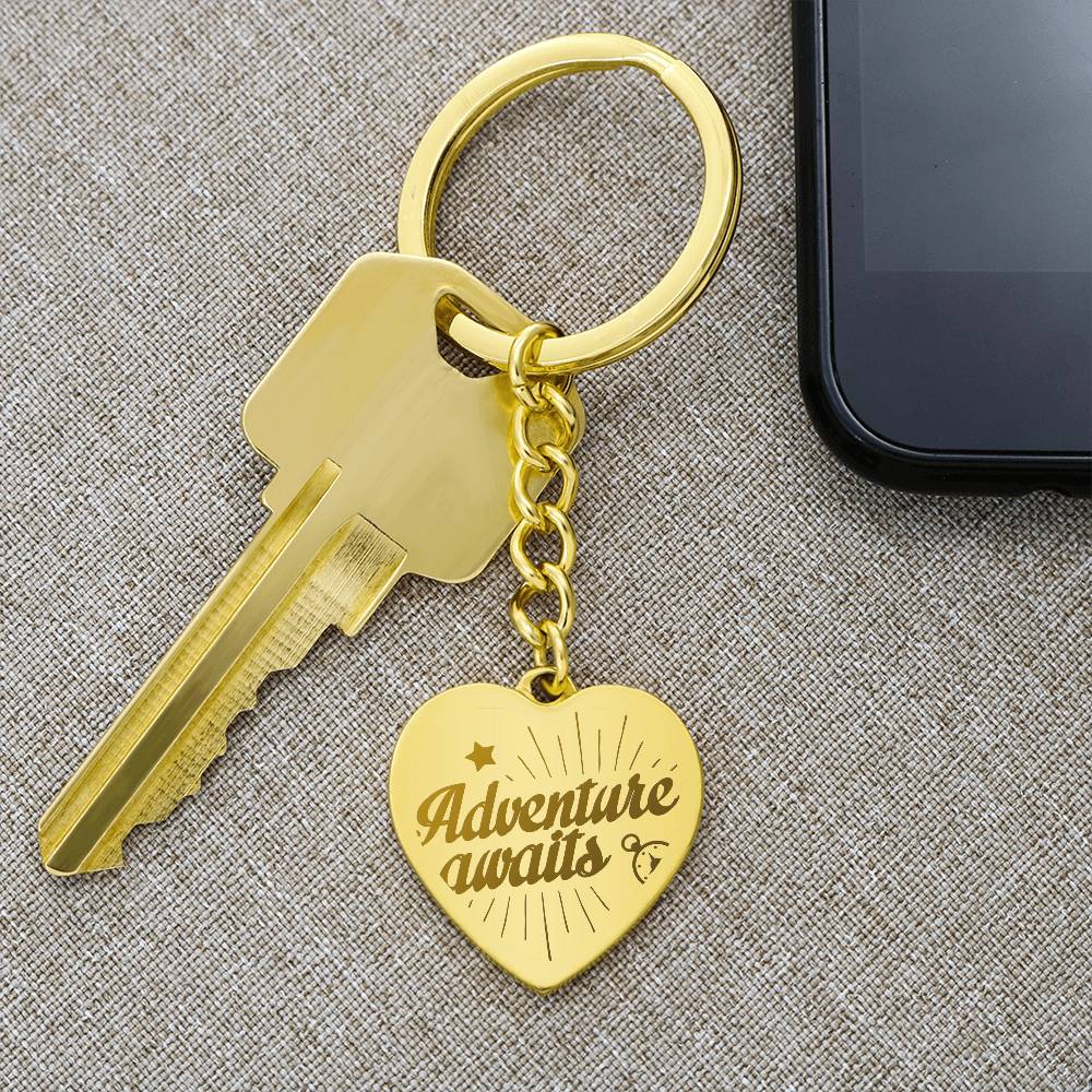 Adventure Awaits Engraved Heart Keychain