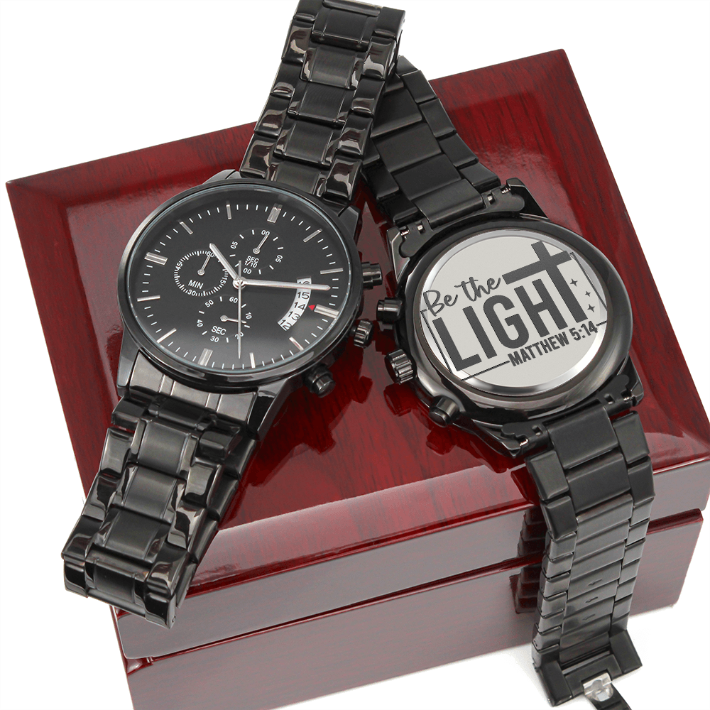 Be the Light Scripture Faith Based Engraved Black Chronograph Watch