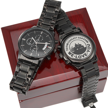 To the Coolest Dad Farmer Engraved Design Black Chronograph Watch