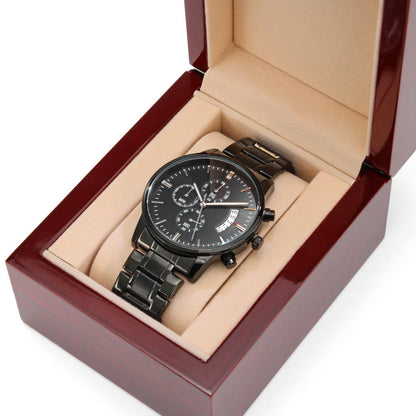 Horse in Ornate Frame Engraved Design Black Chronograph Watch